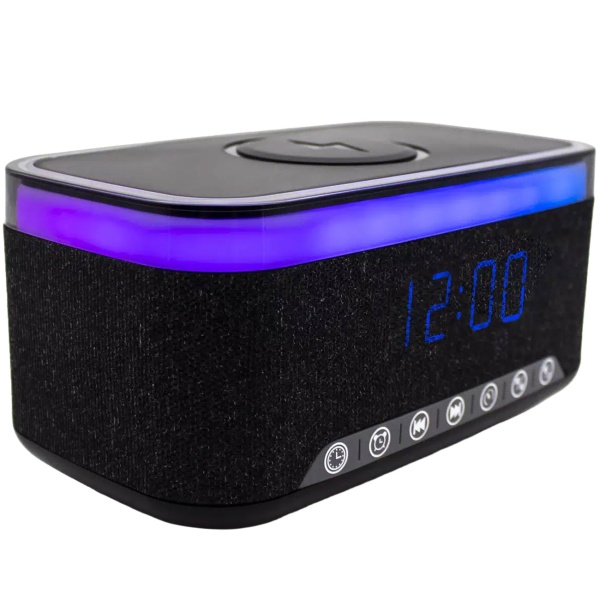 Praktischer LED Wecker mit Bluetooth Lautsprecher & 15W Wireless Charger für Nachttisch & Büro - stylische Uhr mit RGB Licht & Akku