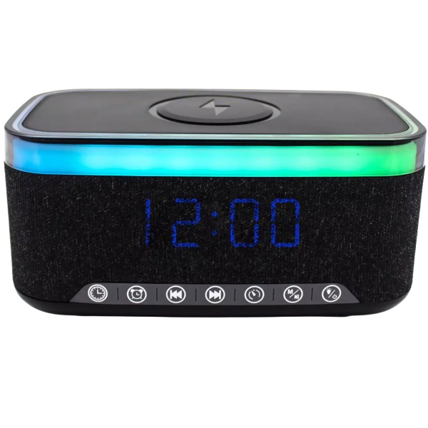 Praktischer LED Wecker mit Bluetooth Lautsprecher & 15W Wireless Charger für Nachttisch & Büro - stylische Uhr mit RGB Licht & Akku