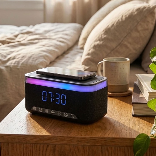 Praktischer LED Wecker mit Bluetooth Lautsprecher & 15W Wireless Charger für Nachttisch & Büro - stylische Uhr mit RGB Licht & Akku