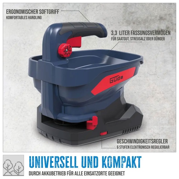 Akku Streuer 18V Handstreuer für Saatgut, Dünger und Streusalz, 3,3 Liter, 5 m Streubreite, 6 Stufen, Universalstreuer - ohne Akku und Ladegerät