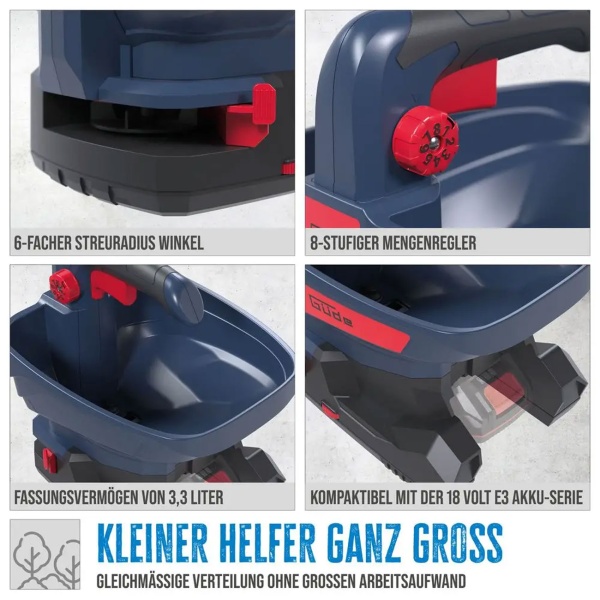 Akku Streuer 18V Handstreuer für Saatgut, Dünger und Streusalz, 3,3 Liter, 5 m Streubreite, 6 Stufen, Universalstreuer - ohne Akku und Ladegerät