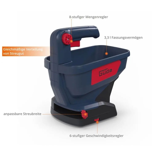 Akku Streuer 18V Handstreuer für Saatgut, Dünger und Streusalz, 3,3 Liter, 5 m Streubreite, 6 Stufen, Universalstreuer - ohne Akku und Ladegerät