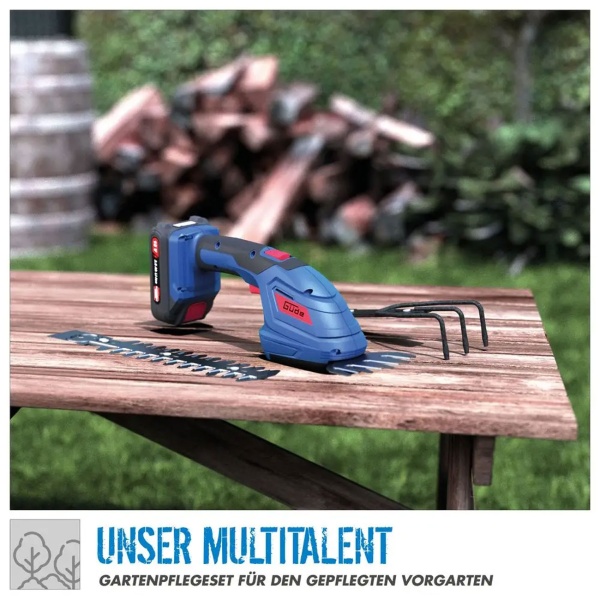 Akku Grasschere und Strauchschere 18V Set mit Harke, Rasenkantenschere 100 mm, Heckenschere 200 mm, 3in1 Gartenschere ohne Akku und Ladegerät