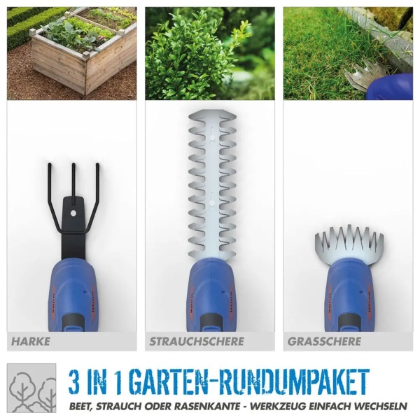 Akku Grasschere und Strauchschere 18V Set mit Harke, Rasenkantenschere 100 mm, Heckenschere 200 mm, 3in1 Gartenschere ohne Akku und Ladegerät