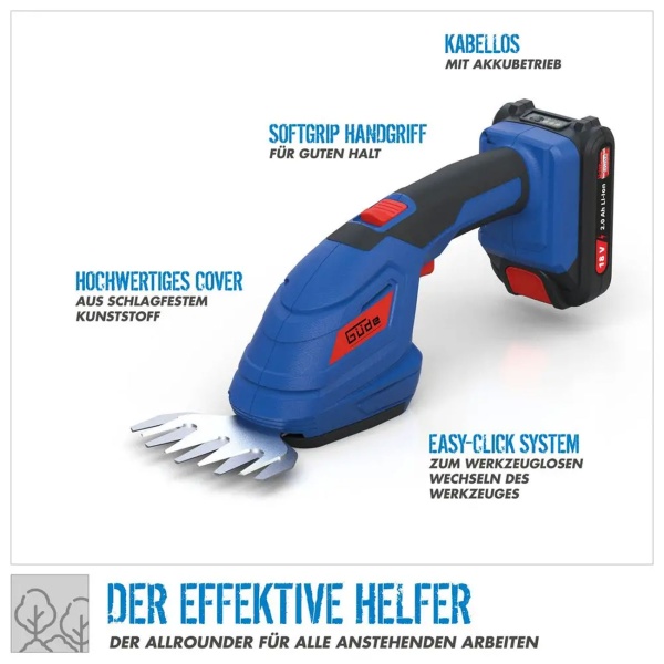 Akku Grasschere und Strauchschere 18V Set mit Harke, Rasenkantenschere 100 mm, Heckenschere 200 mm, 3in1 Gartenschere ohne Akku und Ladegerät