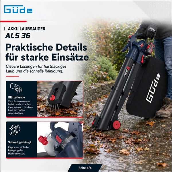 Akku Laubsauger 36V mit Häcksler, Laubbläser und Laubsauger 3 in 1 mit Turbo, 45 l Fangsack, Rollen und Schultergurt, ohne Akku und Ladegerät
