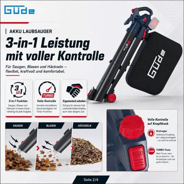Akku Laubsauger 36V mit Häcksler, Laubbläser und Laubsauger 3 in 1 mit Turbo, 45 l Fangsack, Rollen und Schultergurt, ohne Akku und Ladegerät