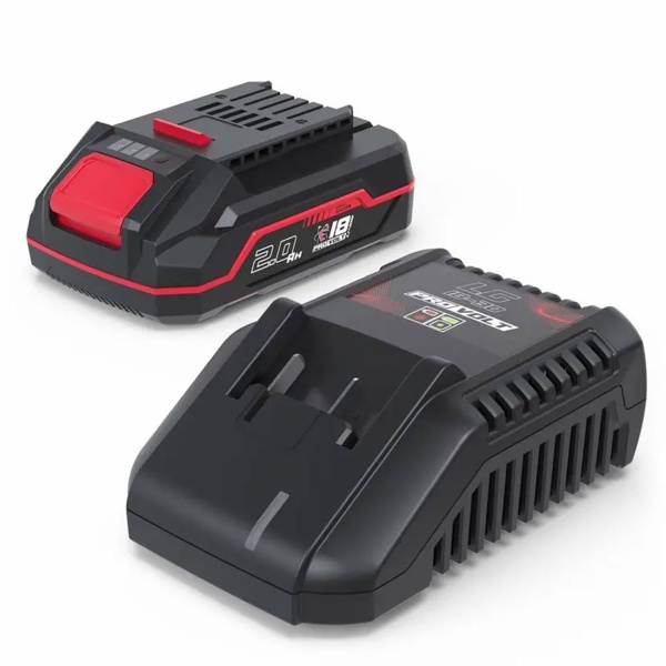 Akku und Ladegerät Set 18V, Starter Kit mit 2,0 Ah Akku und 3 A Schnellladegerät, Ersatzakku 36 Wh für Akku Gartengeräte und Akkuwerkzeug