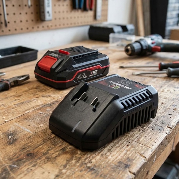Akku und Ladegerät Set 18V, Starter Kit mit 2,0 Ah Akku und 3 A Schnellladegerät, Ersatzakku 36 Wh für Akku Gartengeräte und Akkuwerkzeug