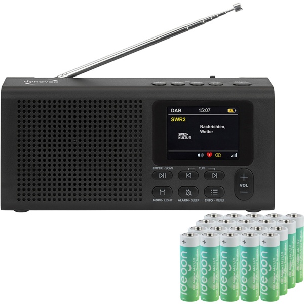 DAB+ Radio tragbar mit Bluetooth und Weckfunktion im Set mit 20 AA Batterien, Digitalradio DAB+ und UKW, Farbdisplay, Netz- oder Batteriebetrieb, schwarz