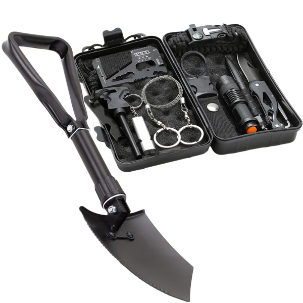 Survival Set mit Klappspaten, 10-teiliges Outdoor Notfallset in Schutzbox mit Taschenlampe, Taschenmesser, Feuerstarter und Seilsäge, Feldschaufel mit Tasche