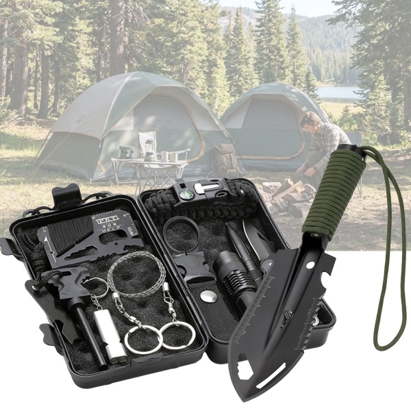 Survival Kit mit Multifunktionsschaufel 10-in-1, Outdoor Notfallset in Schutzbox mit Taschenlampe, Messer, Feuerstahl, Seilsäge und Paracord, Bushcraft Set