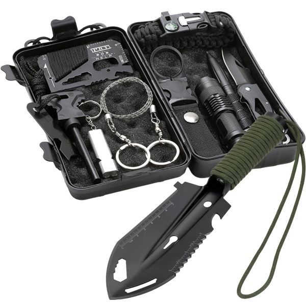 Survival Kit mit Multifunktionsschaufel 10-in-1, Outdoor Notfallset in Schutzbox mit Taschenlampe, Messer, Feuerstahl, Seilsäge und Paracord, Bushcraft Set