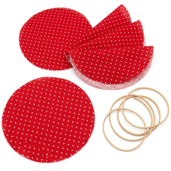 Einmachglas Deckchen aus Baumwolle 5 Stück, rund Ø 14,5 cm, Stoffdeckchen rot mit weissen Punkten inkl. Gummibänder, für Marmeladengläser und Geschenke