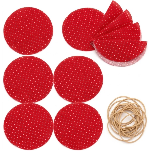 Einmachglas Deckchen aus Baumwolle 10 Stück, rund Ø 14,5 cm, Stoffdeckchen rot mit weissen Punkten inkl. Gummibänder, für Marmeladengläser und Geschenke