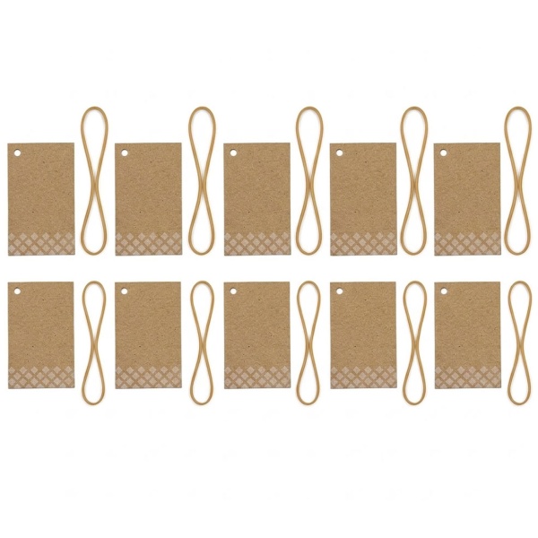 Hängeetiketten Kraftpapier 10er-Set mit goldenen Gummischlaufen, Geschenkanhänger zum Beschriften mit weissem Rautenmuster, für Geschenke und Gläser