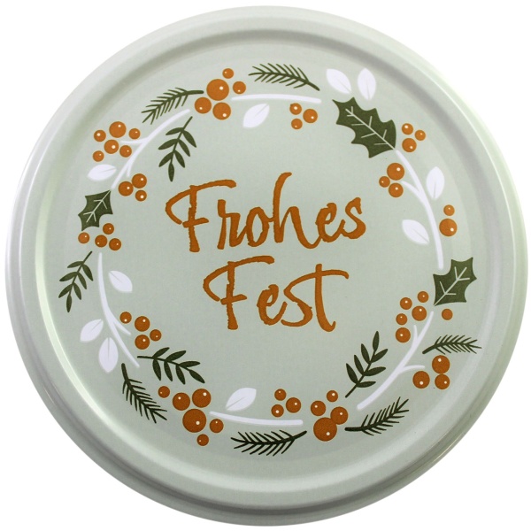 Deckel für Einmachgläser Ø 66 mm mit Weihnachtsmotiv «Frohes Fest», 3er-Pack, Schraubdeckel aus Metall, Kranz aus Beeren und Zweigen, salbeigrün