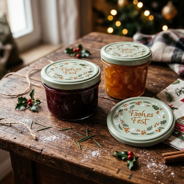 Deckel für Einmachgläser Ø 82 mm mit Weihnachtsmotiv «Frohes Fest», 3er-Pack, Schraubdeckel aus Metall, Kranz aus Beeren und Zweigen, salbeigrün