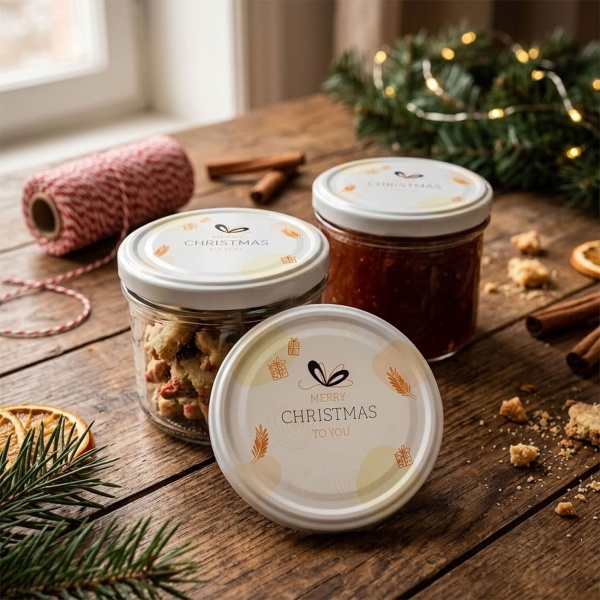 Einmachglas Deckel Ø 66 mm mit «Merry Christmas to you», 3er-Pack, Metall Schraubdeckel weiss , Geschenk- und Zweigmotiv für Weihnachtsgeschenke im Glas