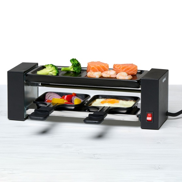 Raclette Grill für 2 Personen 400 W, Mini Raclette Ofen mit Grillplatte, 2 antihaftbeschichteten Pfännchen und Spateln, kompakt