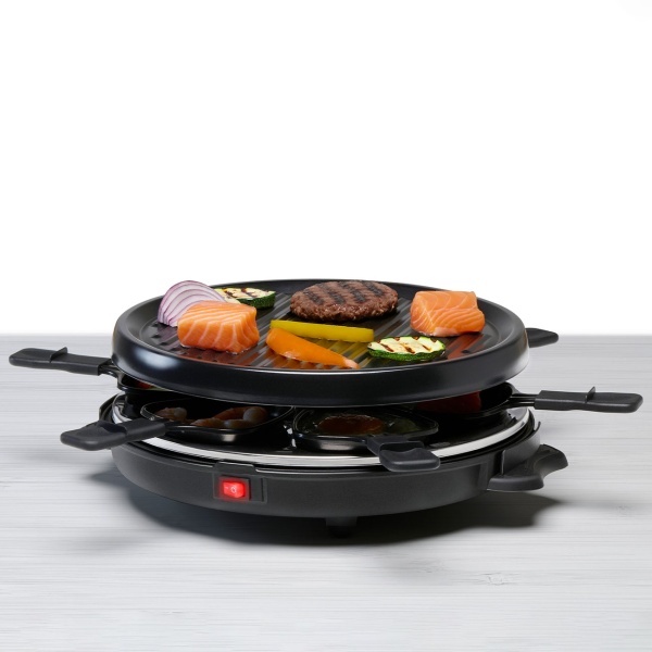 Raclette Grill rund für 6 Personen 800 W, Raclette Ofen mit abnehmbarer antihaftbeschichteter Grillplatte und 6 ovalen Pfännchen, Edelstahl Reflektor