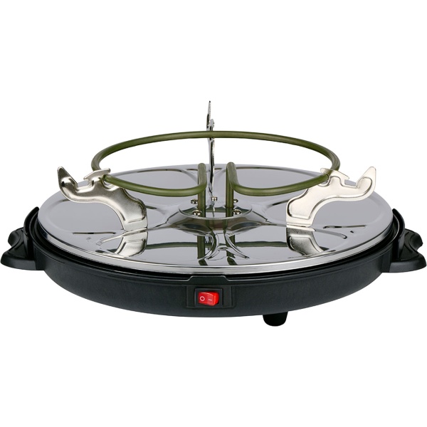 Raclette Grill rund für 6 Personen 800 W, Raclette Ofen mit abnehmbarer antihaftbeschichteter Grillplatte und 6 ovalen Pfännchen, Edelstahl Reflektor