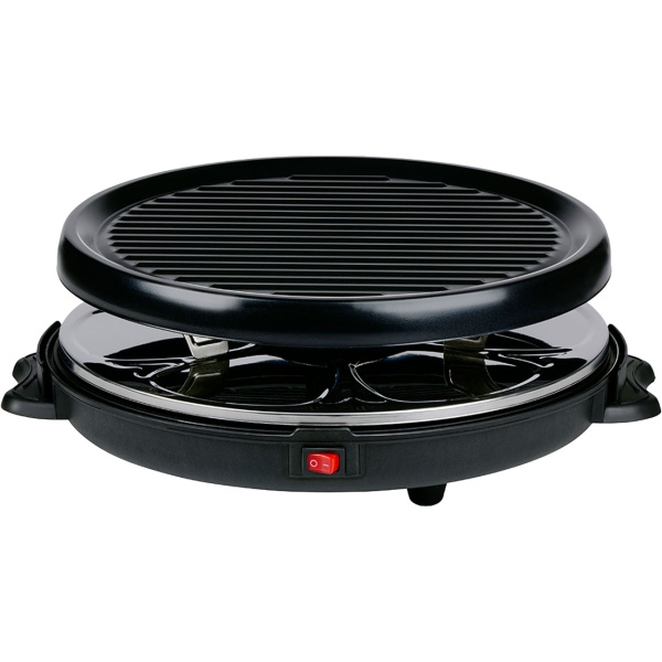 Raclette Grill rund für 6 Personen 800 W, Raclette Ofen mit abnehmbarer antihaftbeschichteter Grillplatte und 6 ovalen Pfännchen, Edelstahl Reflektor