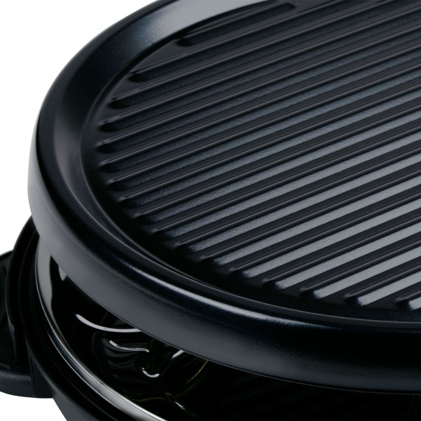 Raclette Grill rund für 6 Personen 800 W, Raclette Ofen mit abnehmbarer antihaftbeschichteter Grillplatte und 6 ovalen Pfännchen, Edelstahl Reflektor