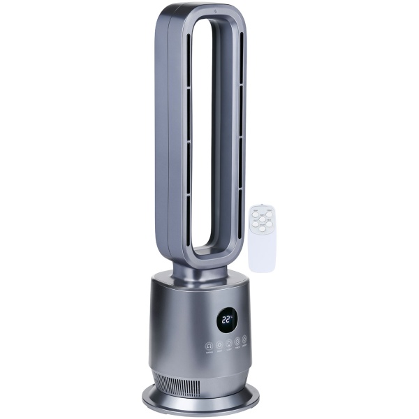Heizlüfter ohne Rotor 2000 W, rotorloser PTC Keramik Heizlüfter mit Fernbedienung, Thermostat, 45° Oszillation, Timer und Ambientelicht, silber