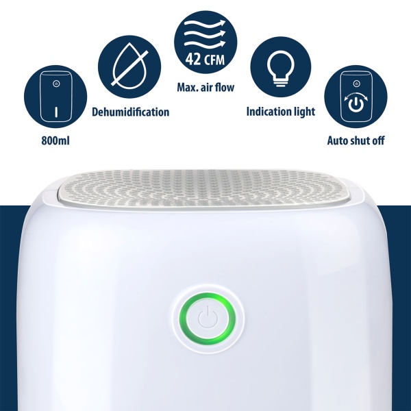 Luftentfeuchter elektrisch klein 800 ml, leiser Mini Luftentfeuchter für Schlafzimmer, Bad, Keller, Ankleide und Wohnwagen, bis 330 ml pro Tag, 22,5 W