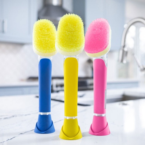 Scrub Daddy Dish Daddy Pink, Spülbürste mit Seifenspender und abnehmbarem Schwammkopf, Spülstab für Geschirr, Töpfe und Pfannen, mit Abtropfständer