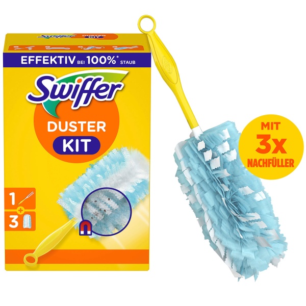 Swiffer Staubmagnet Starterset mit Griff und 3 Staubtüchern, Staubwedel für Möbel, Regale, Lampen, Bilderrahmen und Elektronik, fängt Staub und Haare ein