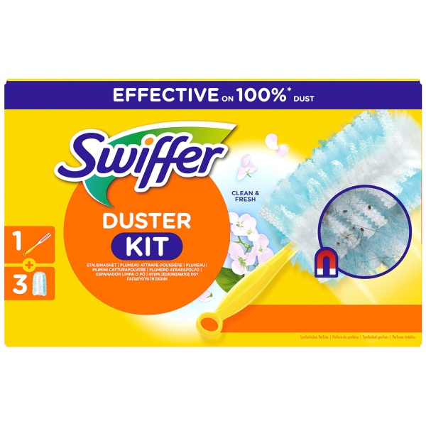 Swiffer Staubmagnet Starterset mit Febreze Duft, Griff und 3 duftende Staubtücher, Staubwedel für Möbel, Regale, Lampen und Bildschirme, fängt Staub ein