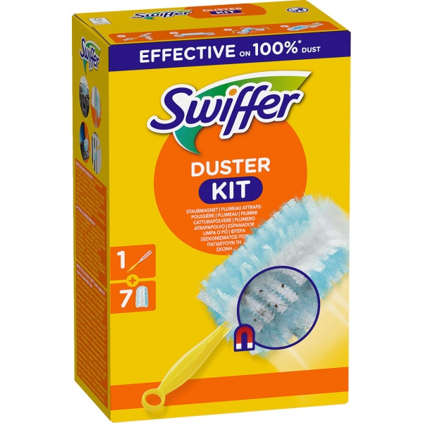 Swiffer Staubmagnet Starterset mit Griff und 7 Staubtüchern, Staubwedel für Möbel, Regale, Lampen, Bilderrahmen und Elektronik, fängt Staub und Haare ein
