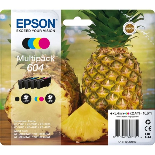 Epson 604 Druckerpatronen Multipack T10G6 C13T10G64010, 4 Original Tintenpatronen Schwarz, Cyan, Magenta, Gelb, für Expression Home und WorkForce