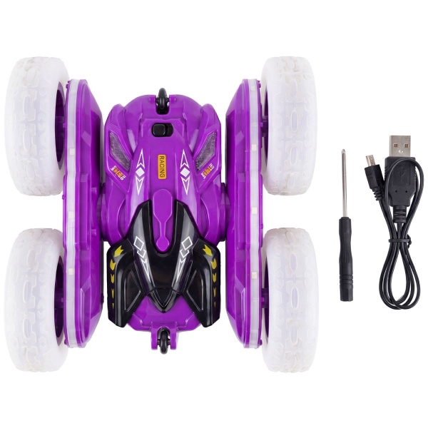 Ferngesteuertes Auto Stunt Car mit 360 Grad Rotation, lila, RC Auto mit Leuchträdern und Akku, 12 km/h, 2,4 GHz Fernbedienung, Spielzeug für Kinder
