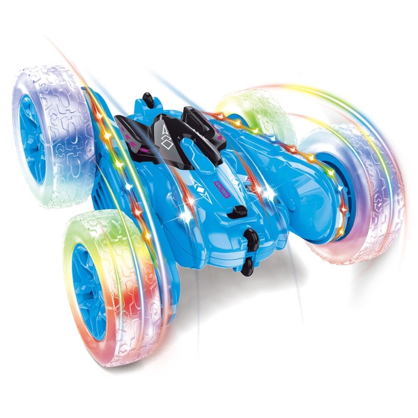 Ferngesteuertes Auto Stunt Car mit 360 Grad Rotation, blau, RC Auto mit Leuchträdern und Akku, 12 km/h, 2,4 GHz Fernbedienung, Spielzeug für Kinder
