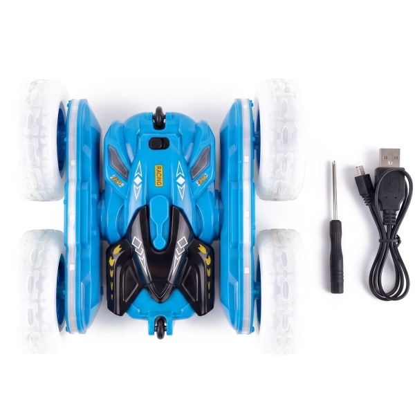 Ferngesteuertes Auto Stunt Car mit 360 Grad Rotation, blau, RC Auto mit Leuchträdern und Akku, 12 km/h, 2,4 GHz Fernbedienung, Spielzeug für Kinder