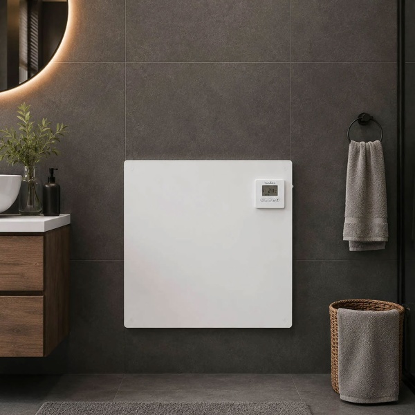 Infrarotheizung 425 W Heizpaneel 61 x 63 cm, mit digitalem Thermostat, Wochentimer und LCD-Display, IP44, freistehend oder an der Wand, weiss