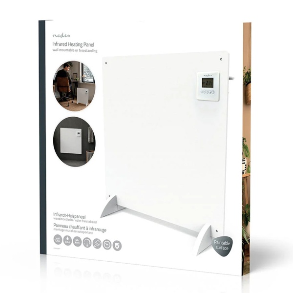 Infrarotheizung 425 W Heizpaneel 61 x 63 cm, mit digitalem Thermostat, Wochentimer und LCD-Display, IP44, freistehend oder an der Wand, weiss
