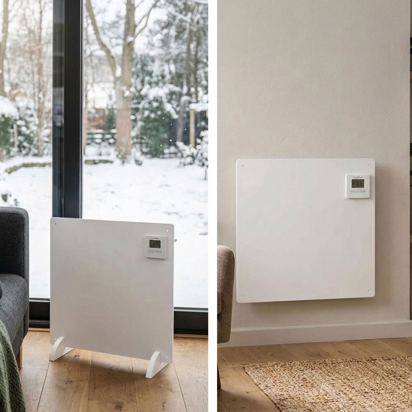 Infrarotheizung 425 W Heizpaneel 61 x 63 cm, mit digitalem Thermostat, Wochentimer und LCD-Display, IP44, freistehend oder an der Wand, weiss
