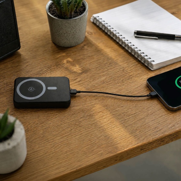 Powerbank 10.000 mAh magnetisch mit kabellosem Laden bis 25 W, USB-C bis 35 W, LCD-Display und Standfunktion, kompakter Akku für Smartphone, schwarz