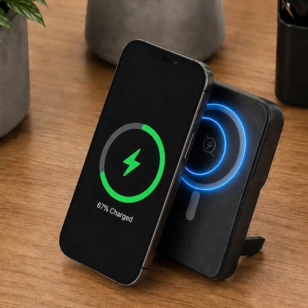 Powerbank 10.000 mAh magnetisch mit kabellosem Laden bis 25 W, USB-C bis 35 W, LCD-Display und Standfunktion, kompakter Akku für Smartphone, schwarz