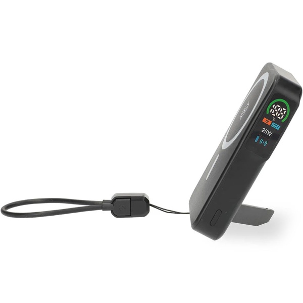 Powerbank 10.000 mAh magnetisch mit kabellosem Laden bis 25 W, USB-C bis 35 W, LCD-Display und Standfunktion, kompakter Akku für Smartphone, schwarz
