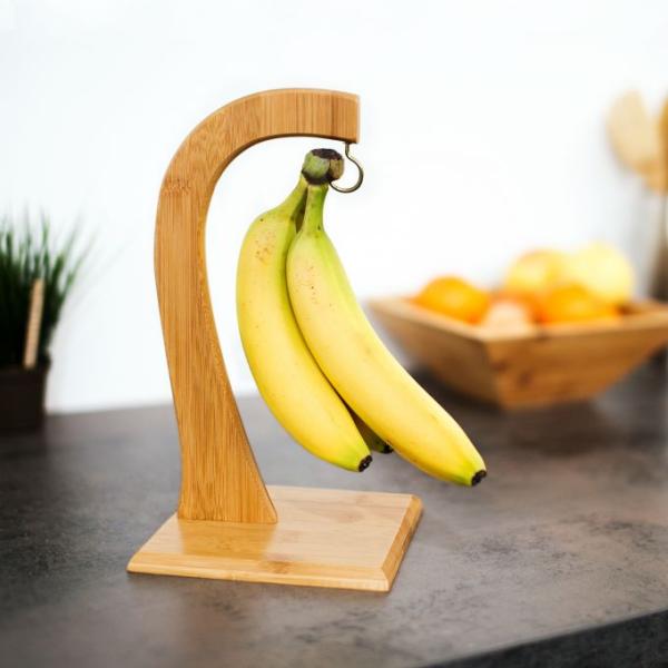 Bananenständer aus Bambus - Schutz vor Druckstellen für Bananen, Trauben & Tomaten - Hält Obst länger frisch & dekorativ - 28,5 cm hoch - Natur-Aufhänger