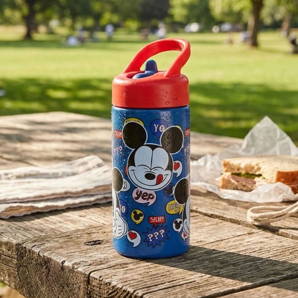 Kinder Trinkflasche Mickey Mouse 420 ml mit Klapp-Trinkhalm und Tragegriff, wiederverwendbare Trinkflasche für Kindergarten, Schule und Ausflüge, blau-rot