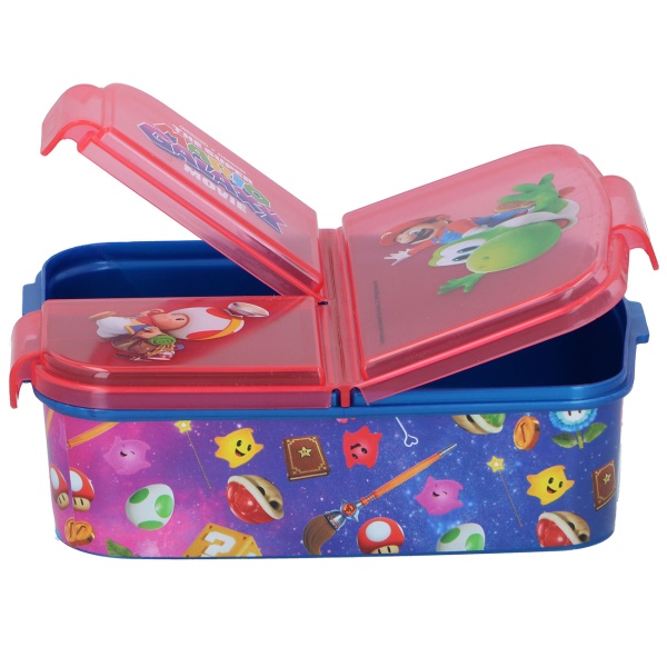 Lunchbox Kinder Super Mario mit 3 Fächern, Brotdose mit Mario, Yoshi und Toad im Galaxy Design, Znünibox aus Kunststoff (PP) mit Klickverschluss für Schule