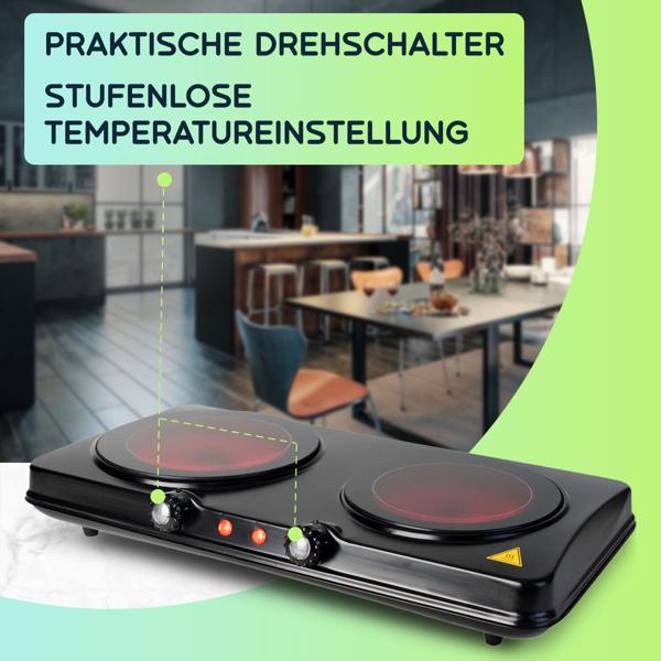 Glaskeramik Doppelkochplatte, 2 Kochfelder 16,4 & 18,8 cm, mobil - tragbar, 2.000 W, schnelles Aufheizen, ideal für Camping, Garten und Zuhause 