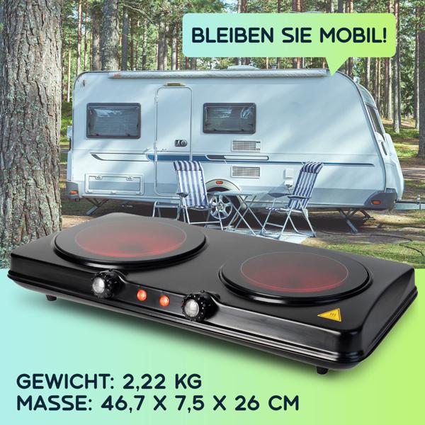 Glaskeramik Doppelkochplatte, 2 Kochfelder 16,4 & 18,8 cm, mobil - tragbar, 2.000 W, schnelles Aufheizen, ideal für Camping, Garten und Zuhause 