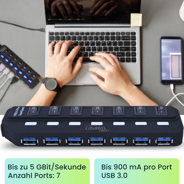 Hochwertiger aktiver USB 3.0 Hub für bis zu 7 Geräte – schneller Datentransfer, USB-A Anschlüsse, einzeln schaltbar, kompakt & leistungsstark